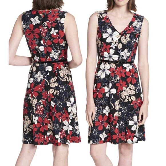TOMMY HILFIGER Sleeveless Fit and Flare Jersey Dress Black Red Floral 16 NO BELT - Picture 1 of 14